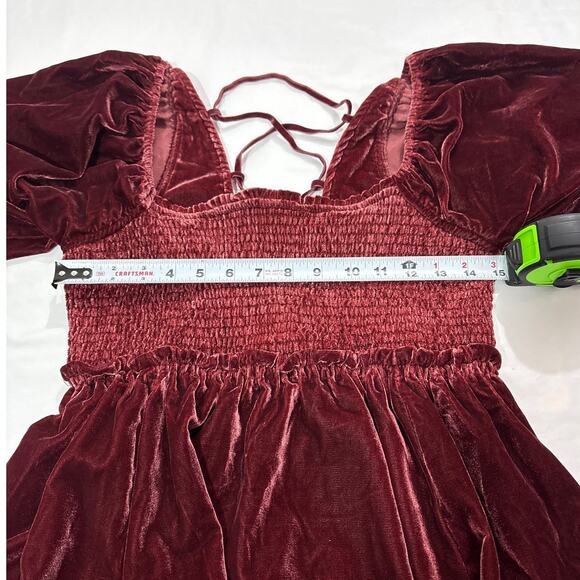 Free People Women Small Daphne Velvet Sleeve Mini Dress Roan Rouge Boho Western - Picture 12 of 12